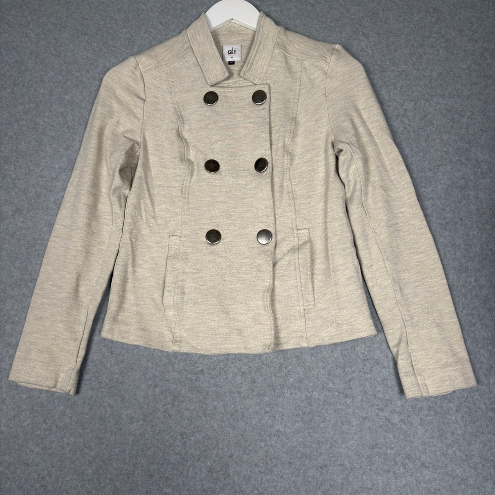 Cabi Beige Double Breasted Knit Jacket Blazer Moto Style XS Career Casual Pocket